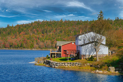 House by lake against sky