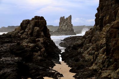 Scenic view of sea and rocks against sky