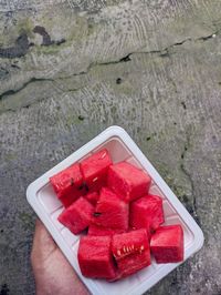 Top view of human hand holding a plate of fresh red watermelon slices, with blurred background.