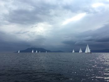 Sailboats sailing in sea against sky