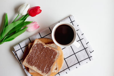 High angle view of breakfast on table