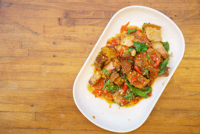 High angle view of food in plate on table