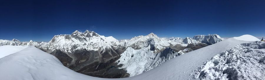 Panoramic view of snowcapped mountains against clear blue sky