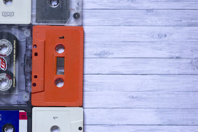 Close-up of audio cassettes on table