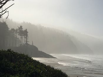 Scenic view of mountains in foggy weather