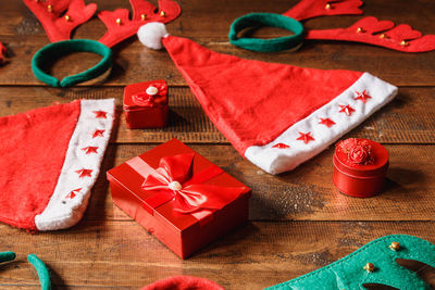 High angle view of christmas decorations on table