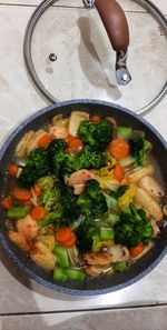 High angle view of soup in bowl