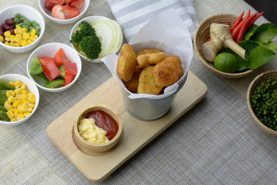 High angle view of breakfast on table