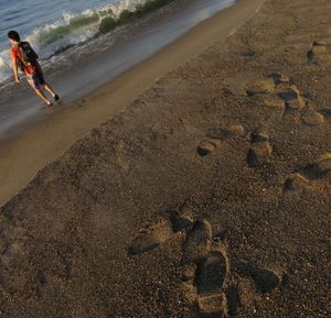 High angle view of man on beach