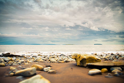 Surface level of pebbles on beach against sky