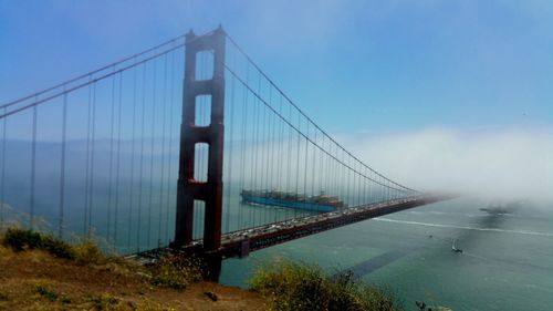 Golden gate bridge over san francisco bay during foggy weather