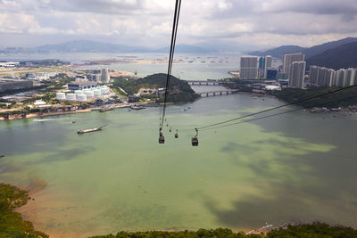 High angle view of buildings by sea against sky