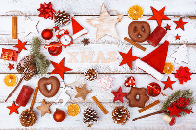 High angle view of christmas decoration on table