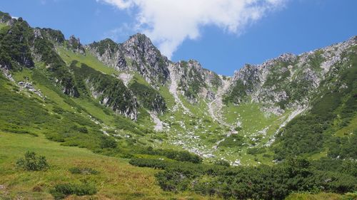 Low angle view of rocky mountains against sky