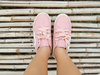 Low section of woman standing on pink wood