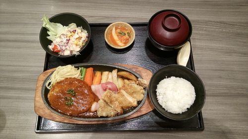 High angle view of lunch served on table