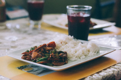 Close-up of served food on table