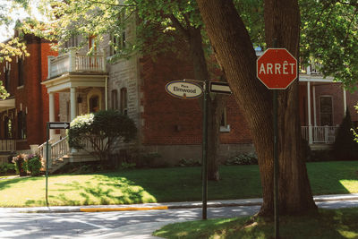 Road sign by tree in city