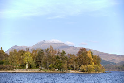 Scenic view of lake and mountains against sky