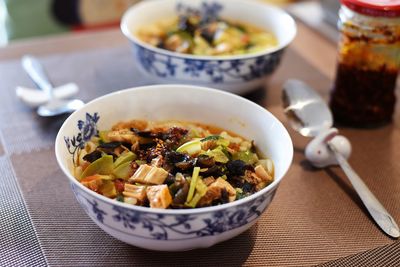 High angle view of soup in bowl on table