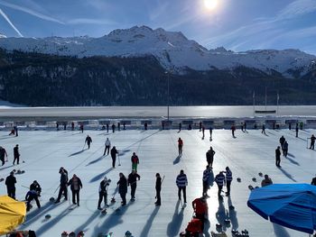 High angle view of people ice rink during winter