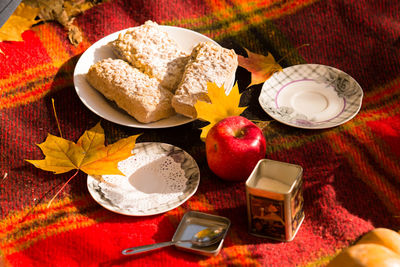 High angle view of dessert on table