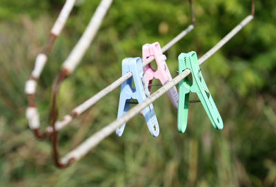 Old color plastic clothespin hanging on old clothes hanger