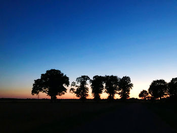 Silhouette trees on field against clear sky during sunset