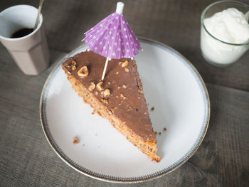 High angle view of cake in plate on table