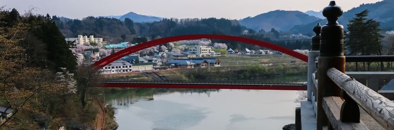 Scenic view of river by mountains against sky