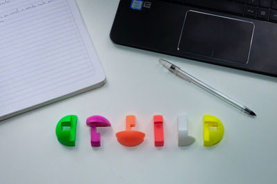 High angle view of text on table