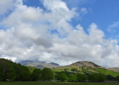 Scenic view of mountains against cloudy sky