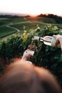 Woman pouring wine in glass against landscape