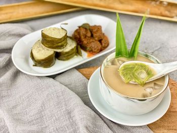 High angle view of food in plate on table