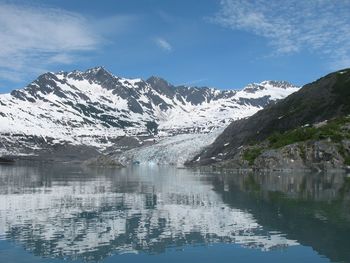 Scenic view of snowcapped mountains by lake against sky