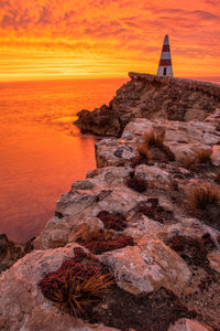 Rock formations at seaside during sunset