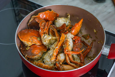 High angle view of noodles in bowl on table