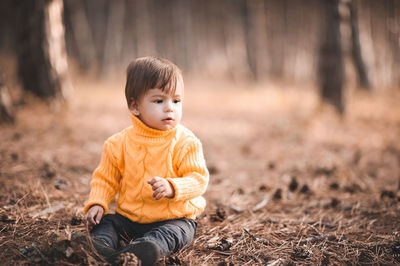 Portrait of boy sitting on field