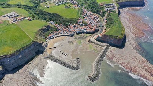 Staithes harbour entrance and village from above