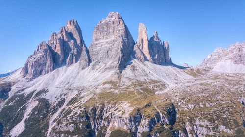 Panoramic view of snowcapped mountains against clear sky