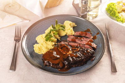 High angle view of food in plate on table