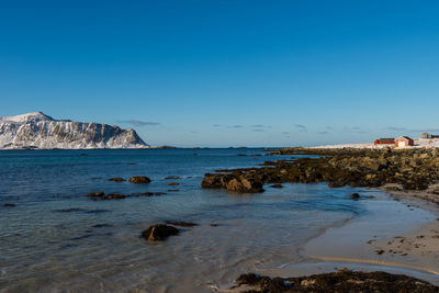 Scenic view of sea against clear blue sky