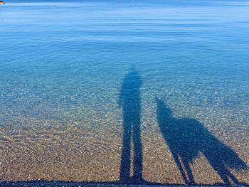 High angle view of people shadow on sea shore