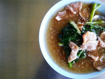 High angle view of soup in bowl on table