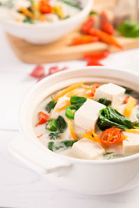 Close-up of soup in bowl on table