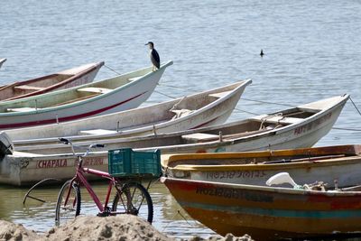 Close-up of fishing boats moored at shore