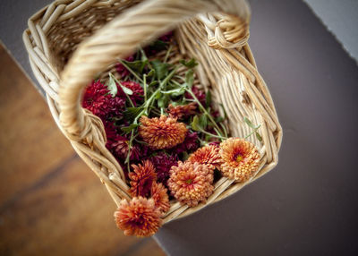 High angle view of berries in basket on table