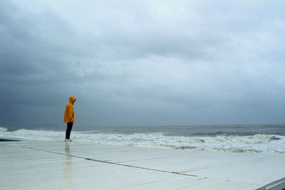 Rear view of man standing on beach against sky