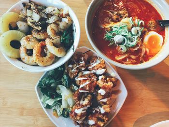 High angle view of food served on table