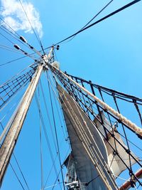 Low angle view of mast against clear blue sky